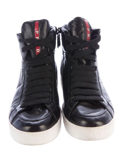 prada sport leather round-toe sneakers|Prada leather high top sneakers.